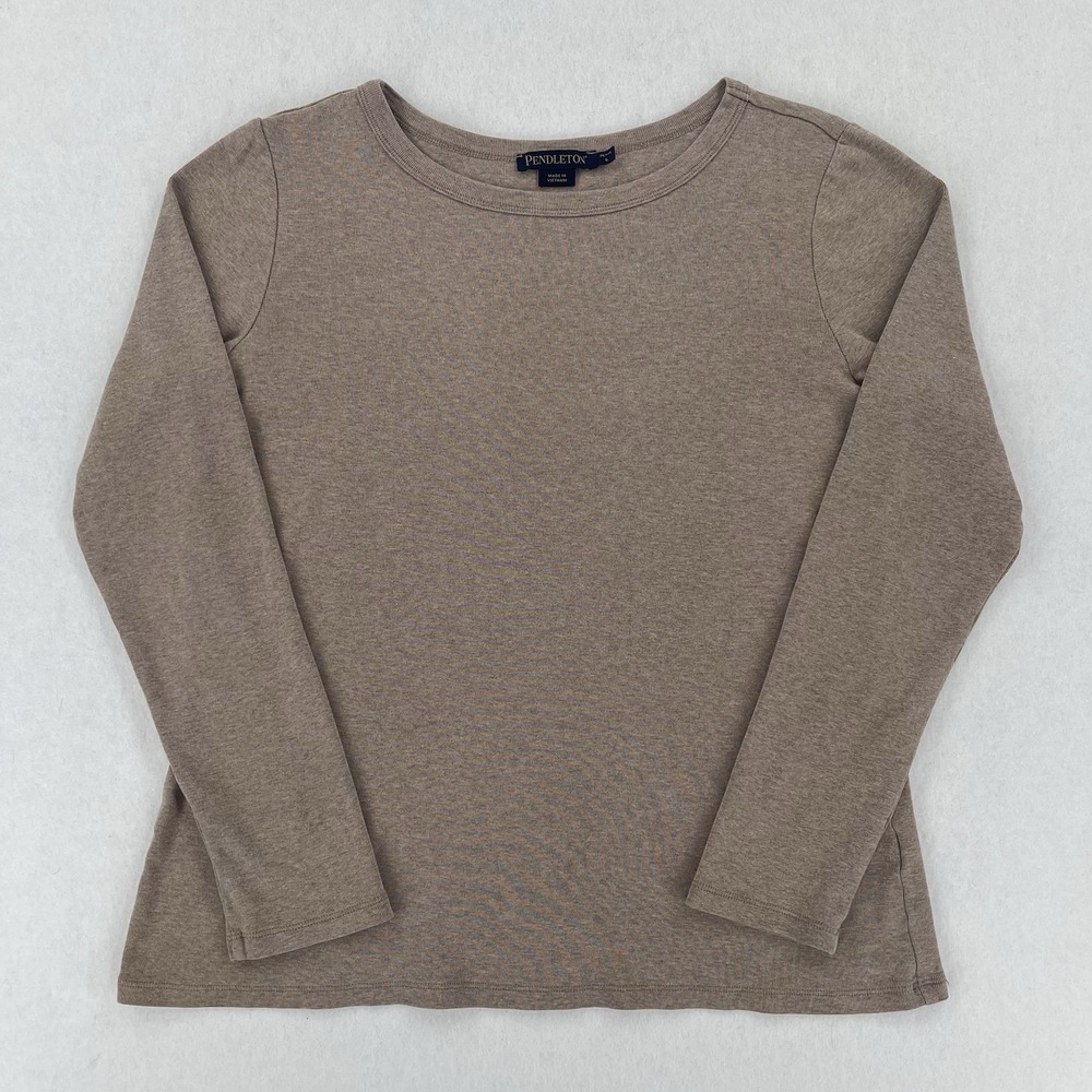 Pendleton Ribbed Shirt Womens Petite L Beige Crewneck Long Sleeve Cotton